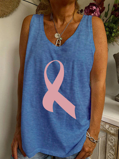 Pink Ribbon Print V-neck Loose Tank