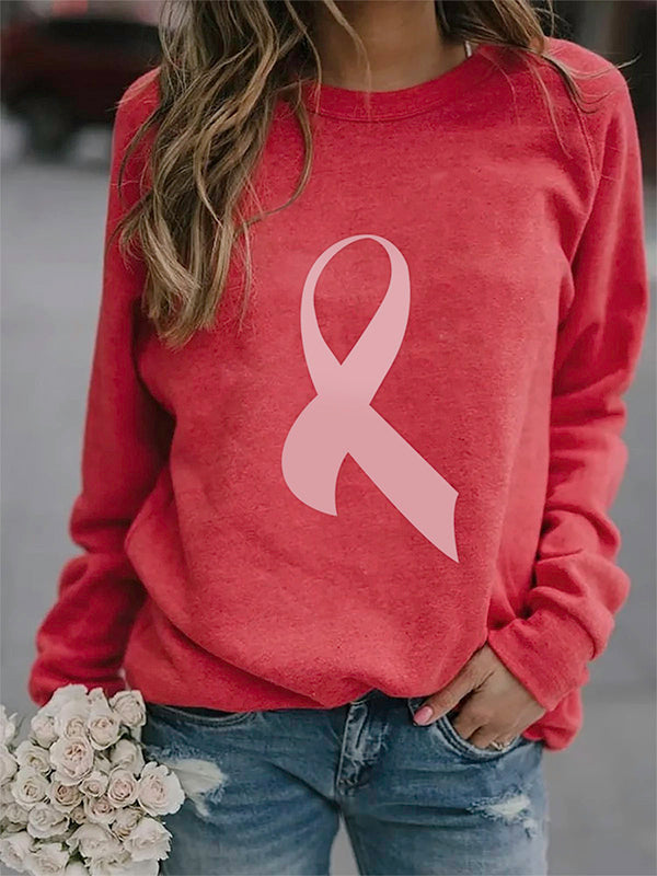 Pink Ribbon Print Crew Neck Sweatshirt