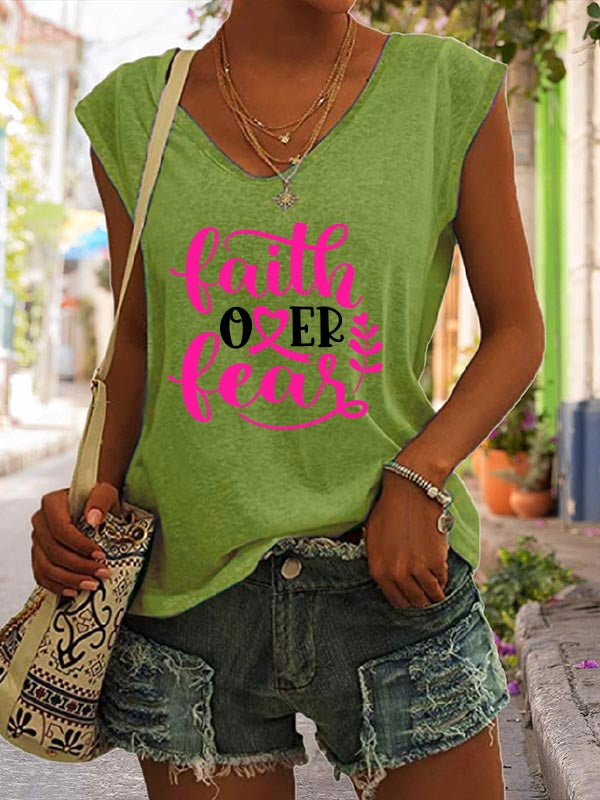 Faith Over Fear Pink Ribbon Print V-Neck T-Shirt