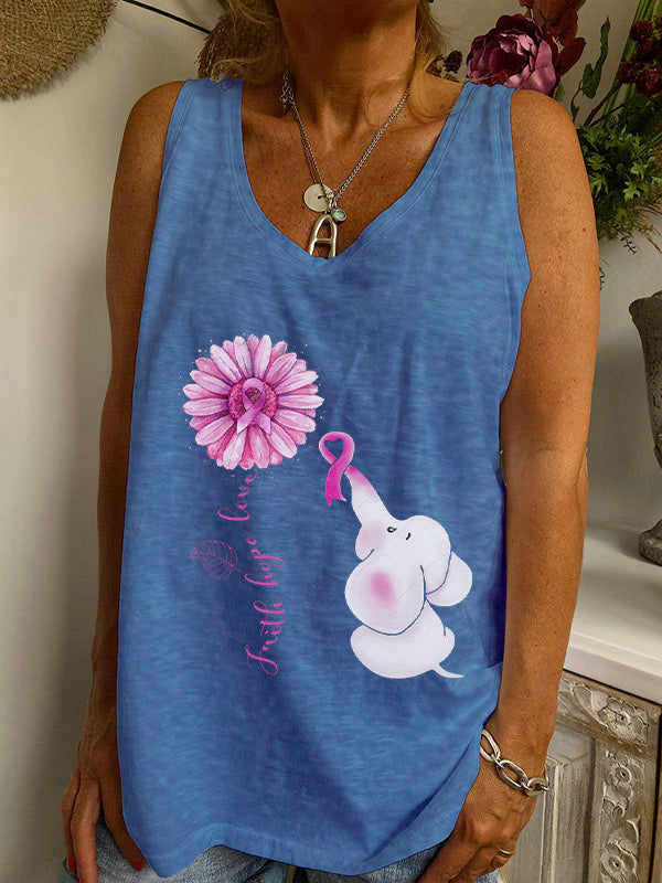 Faith Hope Love Pink Ribbon Elephant Graphic V-neck Loose Tank