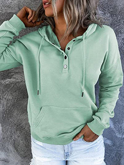 Loose Casual Button Collar Drawstring Pocket Hoodie
