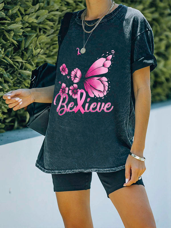 Believe Pink Ribbon Butterfly Graphic Washed T-shirt