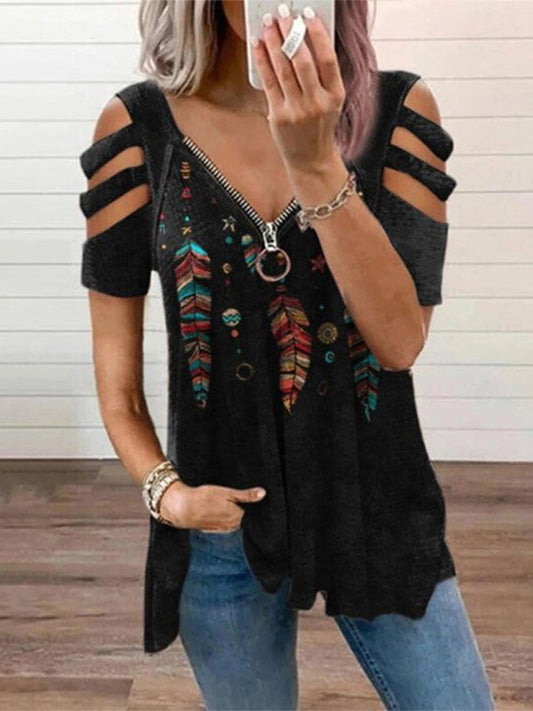 Cutout Shoulder Feather Print Zip V-Neck T-Shirt