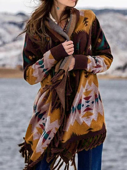 Tassel Long Sleeve Geometric Knit Cardigan