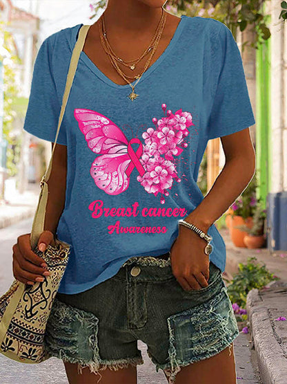 Pink Ribbon Butterfly Breast Cancer Awareness V-neck Short Sleeve T-shirt