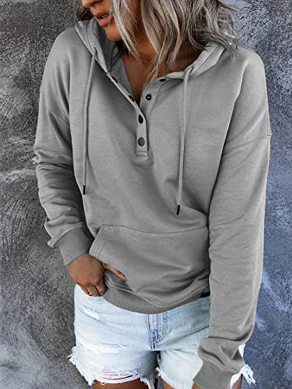 Loose Casual Button Collar Drawstring Pocket Hoodie