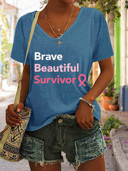 Brave Beautiful Survivor Pink Ribbon V-neck Short Sleeve T-shirt