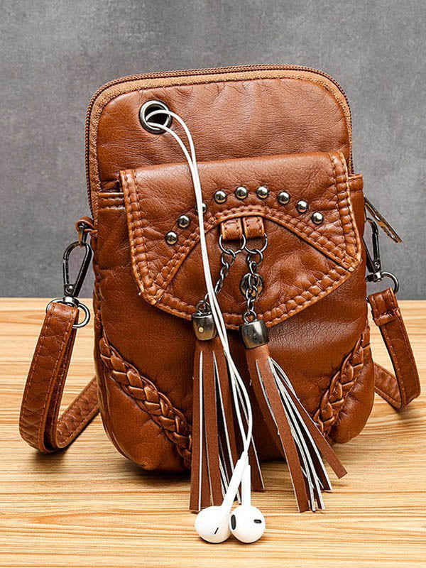 Vintage Rivet Washed Tassel Leather Crossbody Bag