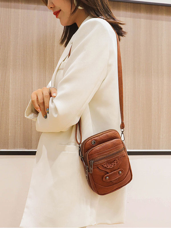 Vintage Studded Washed Leather Crossbody Bag