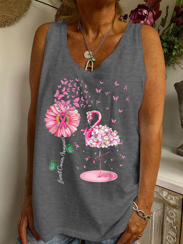 Pink Bird Flamingo Breast Cancer Awareness V-neck Loose Tank