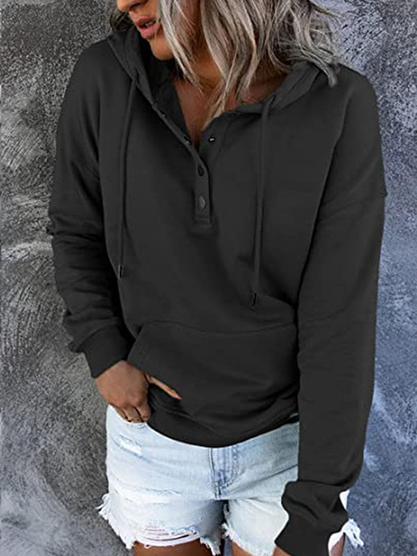 Loose Casual Button Collar Drawstring Pocket Hoodie