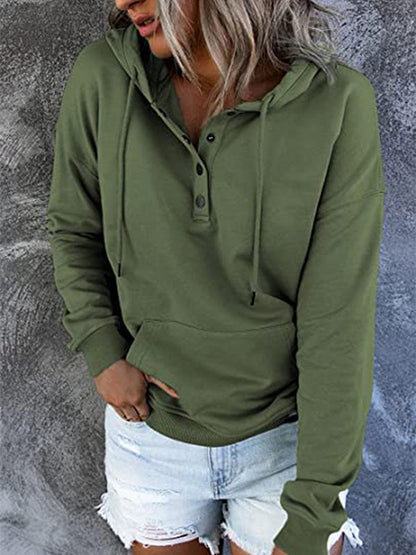 Loose Casual Button Collar Drawstring Pocket Hoodie