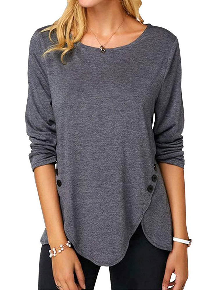 Buttoned Asymmetrical Hem Long Sleeve T-Shirt