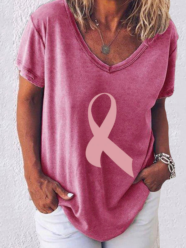 Pink Ribbon Print V-neck Short Sleeve T-shirt