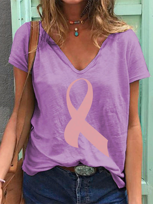 Pink Ribbon Print V-neck T-shirt