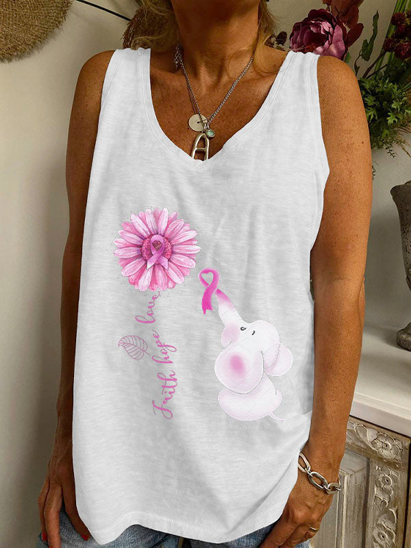 Faith Hope Love Pink Ribbon Elephant Graphic V-neck Loose Tank