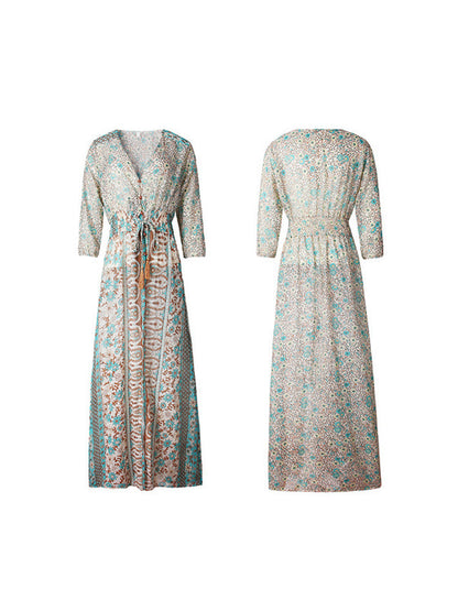 Fringed Chiffon Printed Long Dress
