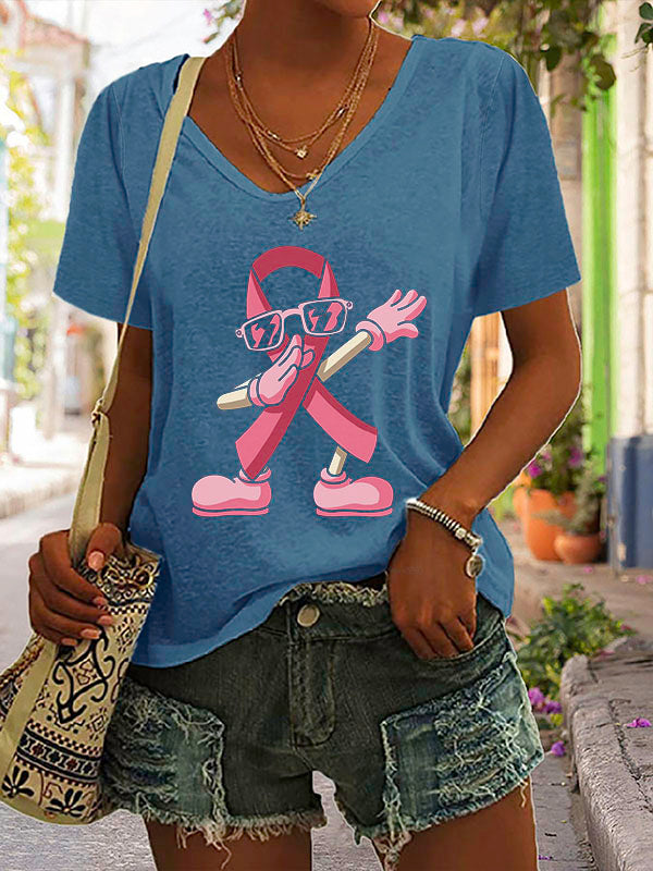 Pink Ribbon V-Neck Short Sleeve T-shirt