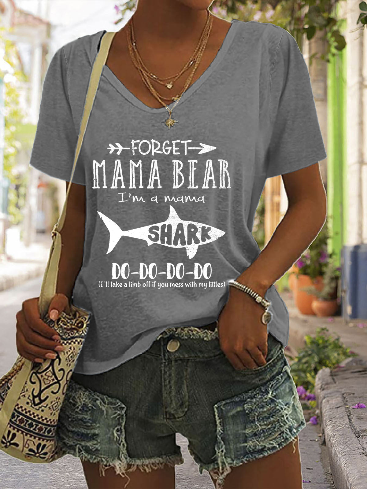 Mama Shark V-neck Short Sleeve T-shirt