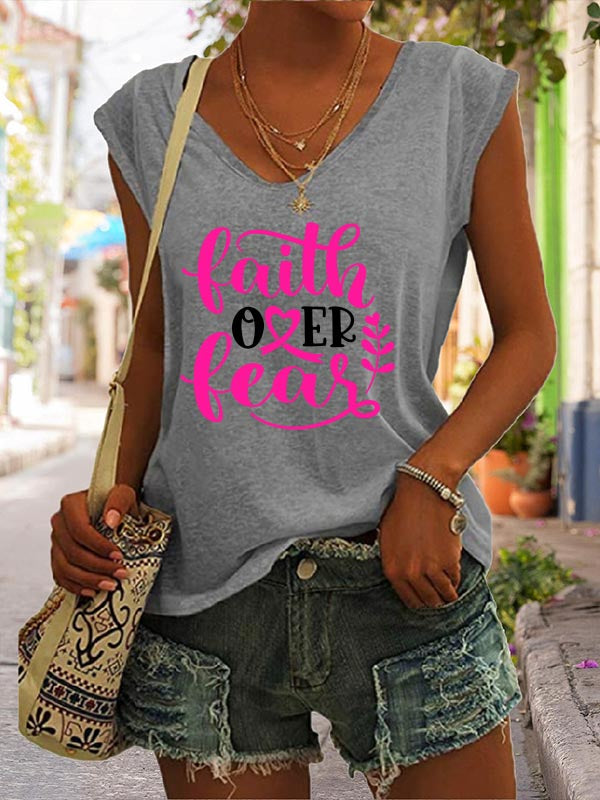 Faith Over Fear Pink Ribbon Print V-Neck T-Shirt