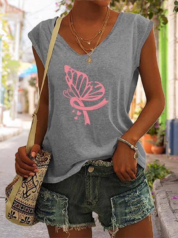 Butterfly Pink Ribbon Print V-Neck T-Shirt