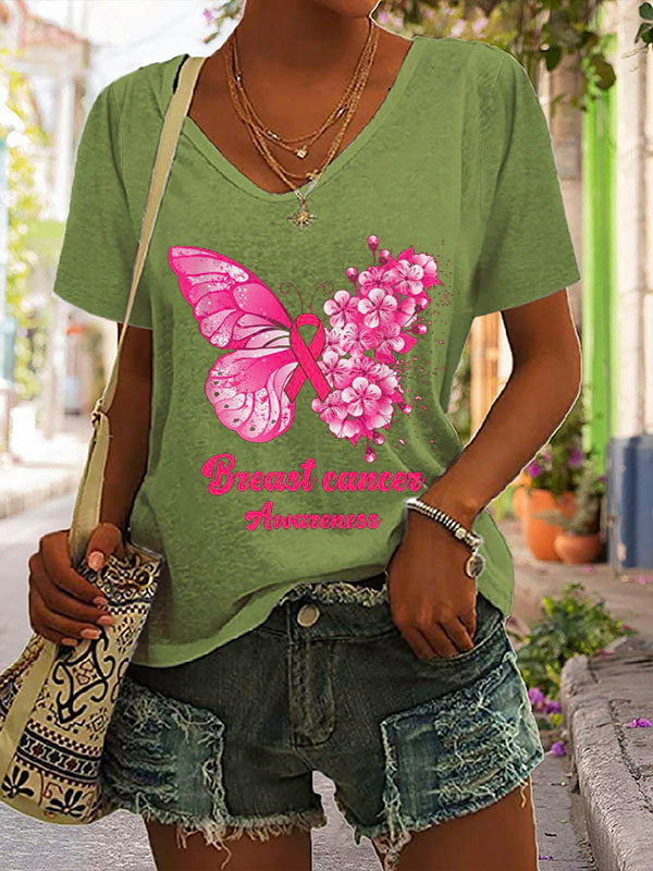 Pink Ribbon Butterfly Breast Cancer Awareness V-neck Short Sleeve T-shirt