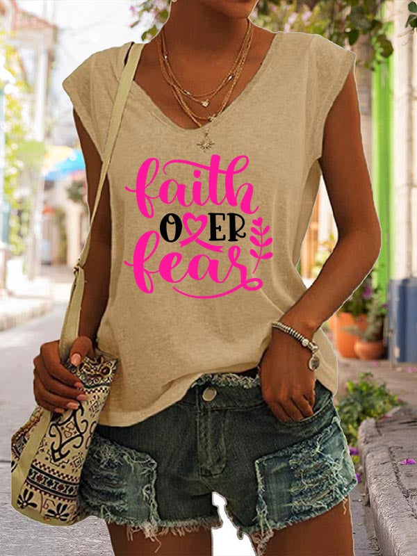 Faith Over Fear Pink Ribbon Print V-Neck T-Shirt