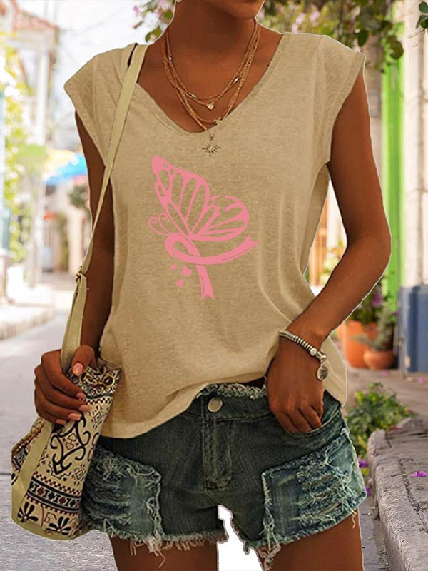 Butterfly Pink Ribbon Print V-Neck T-Shirt
