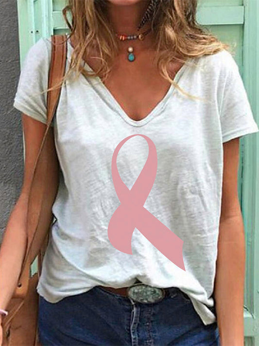 Pink Ribbon Print V-neck T-shirt