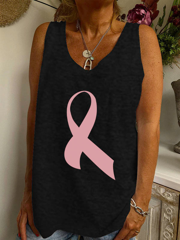 Pink Ribbon Print V-neck Loose Tank