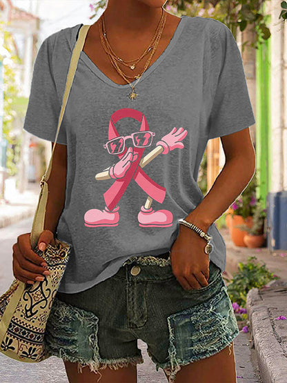 Pink Ribbon V-Neck Short Sleeve T-shirt