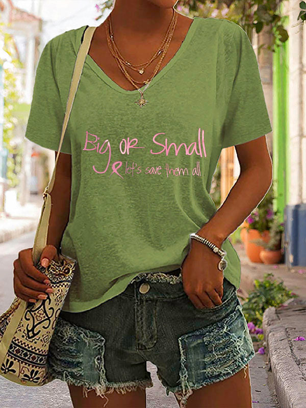 Big Or Small Pink Ribbon Let's Save Them All V-neck Short Sleeve T-shirt