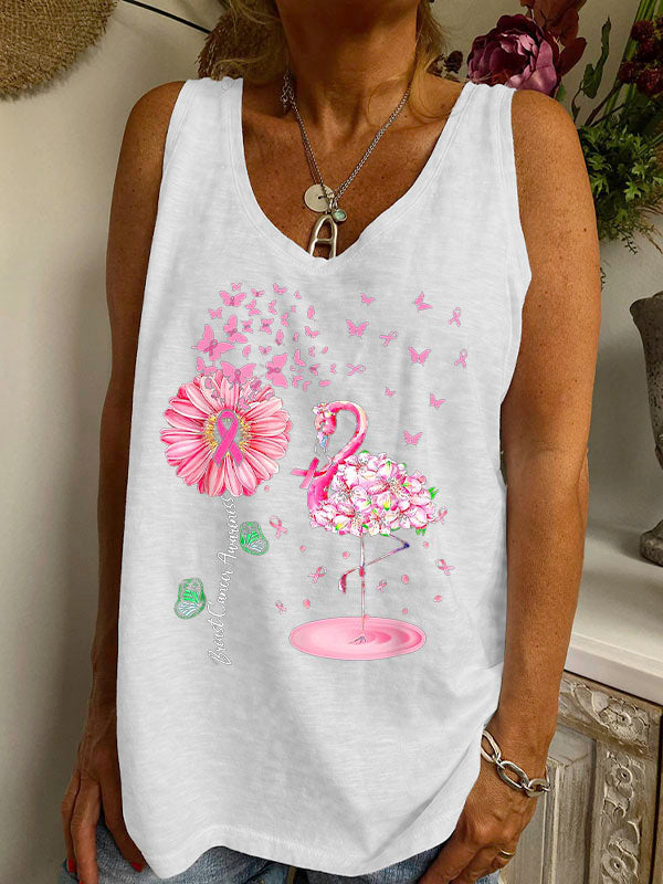 Pink Bird Flamingo Breast Cancer Awareness V-neck Loose Tank