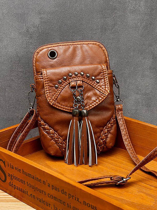 Vintage Rivet Washed Tassel Leather Crossbody Bag