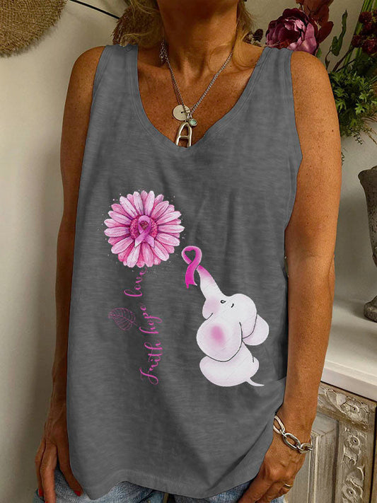 Faith Hope Love Pink Ribbon Elephant Graphic V-neck Loose Tank