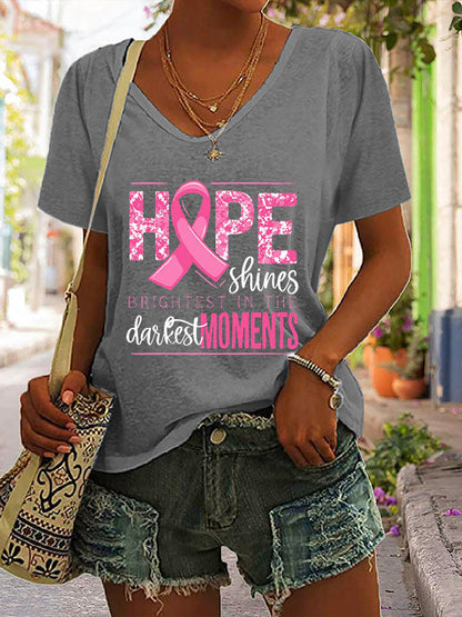 Hope Shines Pink Ribbon V-neck Short Sleeve T-shirt