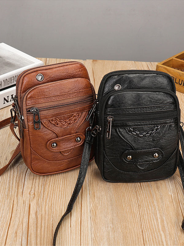 Vintage Studded Washed Leather Crossbody Bag