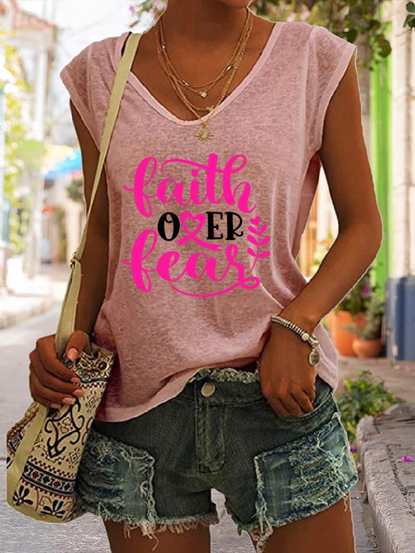 Faith Over Fear Pink Ribbon Print V-Neck T-Shirt