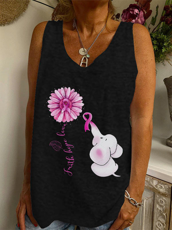 Faith Hope Love Pink Ribbon Elephant Graphic V-neck Loose Tank