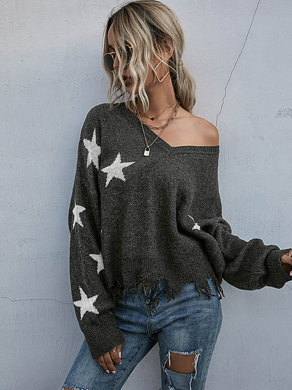 Star V-neck Fringe Knitted Sweater