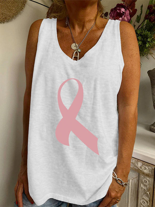 Pink Ribbon Print V-neck Loose Tank