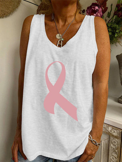 Pink Ribbon Print V-neck Loose Tank