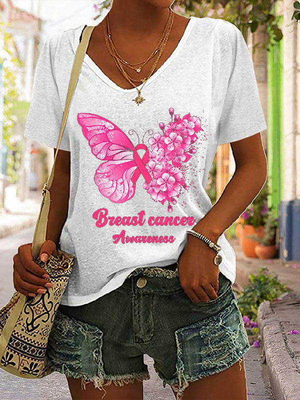 Pink Ribbon Butterfly Breast Cancer Awareness V-neck Short Sleeve T-shirt