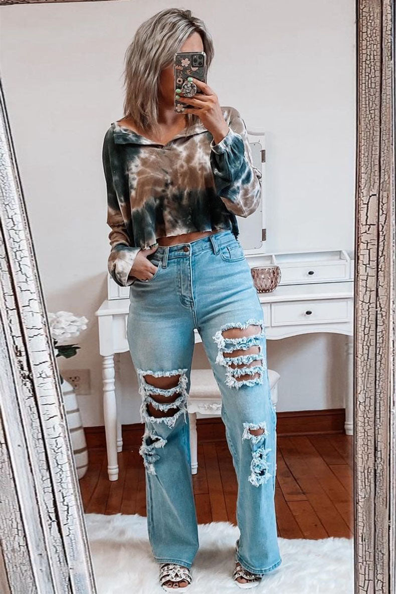 High Rise Ripped Straight Jeans