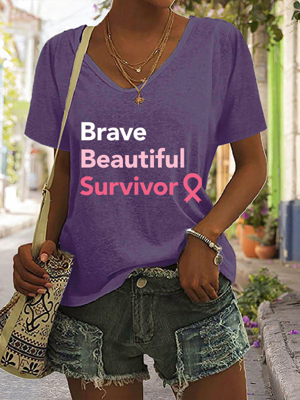 Brave Beautiful Survivor Pink Ribbon V-neck Short Sleeve T-shirt