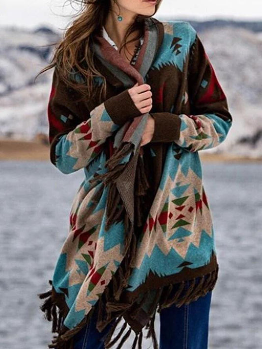 Tassel Long Sleeve Geometric Knit Cardigan