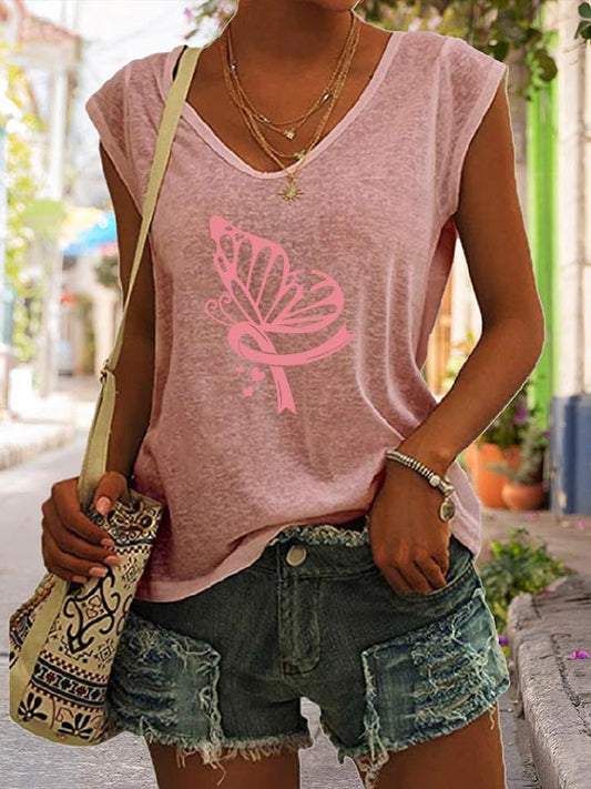 Butterfly Pink Ribbon Print V-Neck T-Shirt