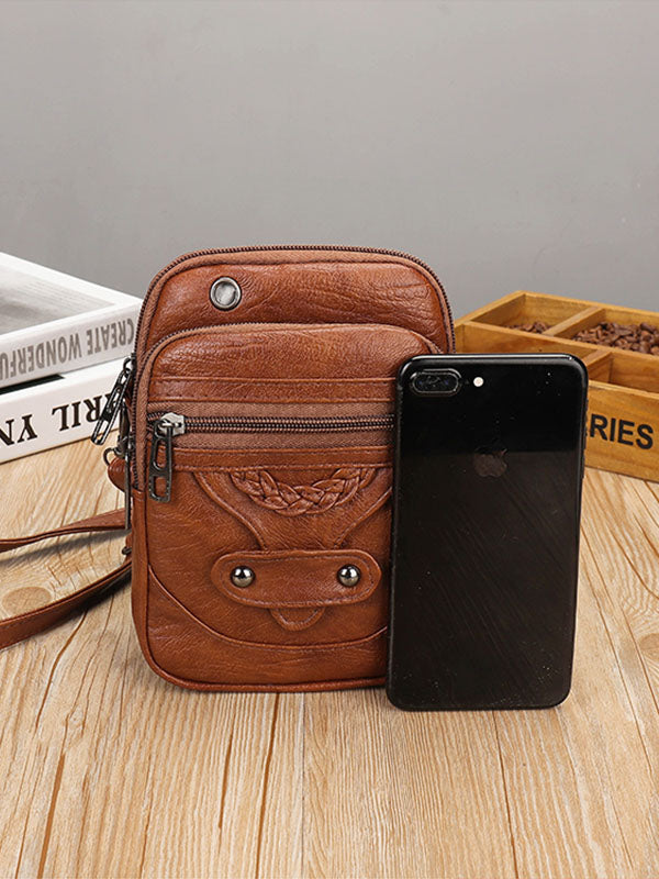 Vintage Studded Washed Leather Crossbody Bag