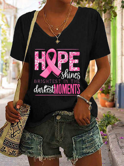 Hope Shines Pink Ribbon V-neck Short Sleeve T-shirt