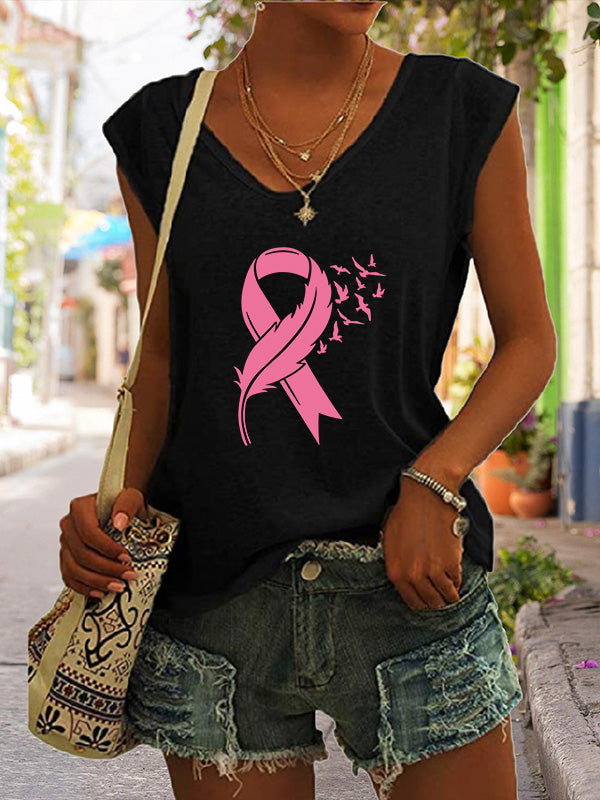 Feather Pink Ribbon Graphic V-Neck T-Shirt